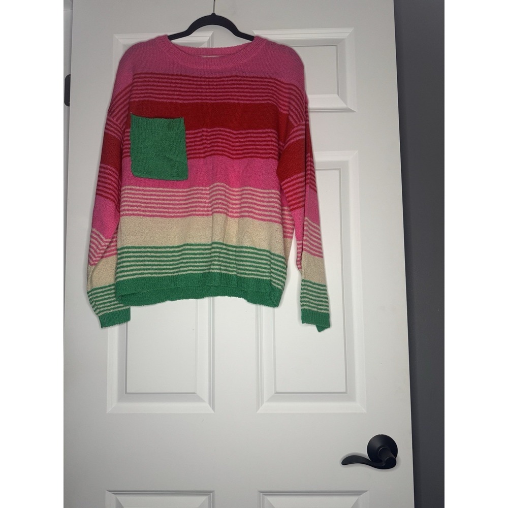 Bibi Crewneck Knit Sweater Medium Pink Green Beige Stripe